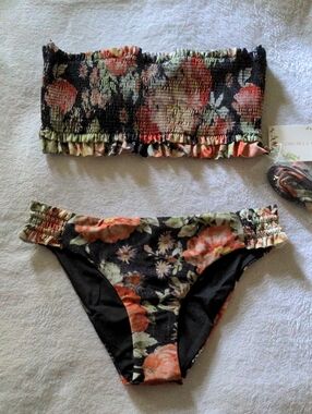 Chelsea & Violet Black Floral Bikini with Coral and Olive Accents
